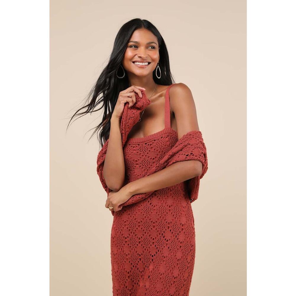 Lulus Rust Crochet Knit Two Piece Cropped Sweater Midi Dress Size XS NEW